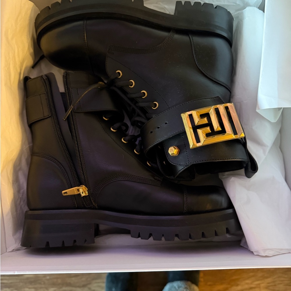 Balmain Black Charlie Combat Boots with Gold Accents